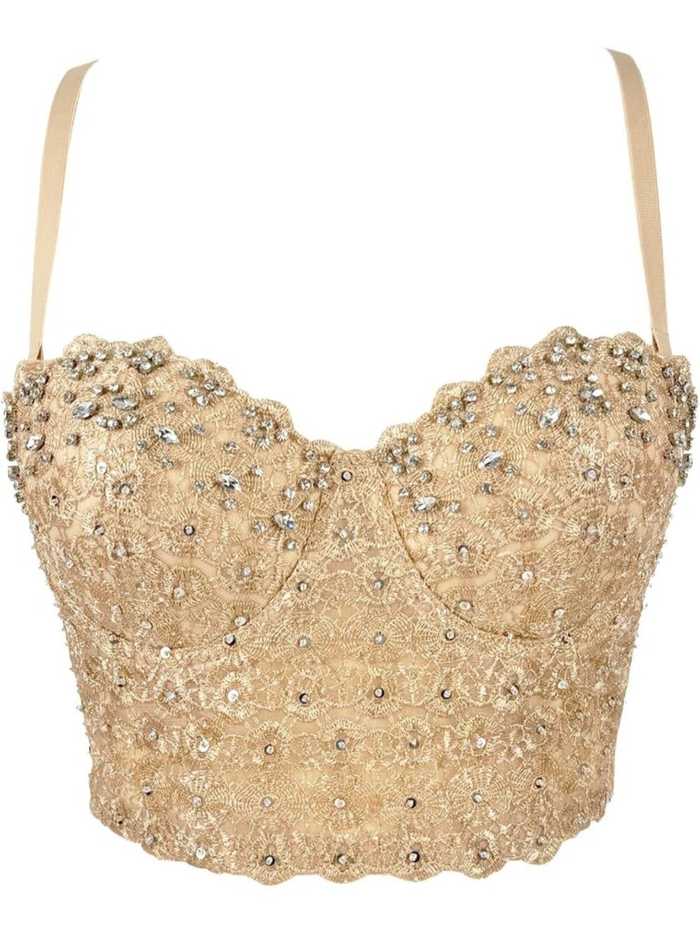 Women's Beige Lace Mesh Rhinestone Diamond Bra Push Up Bustier Corset Crop Top
